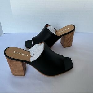 Lisa Vicky Virtue-V Black Leather Block Heel Mules Sandals Women’s Size 8 NIB